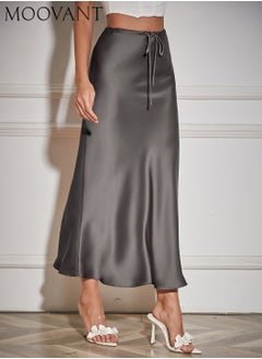 Moovant Silk Satin Skirt for Women, Textured Maxi Skirt, Flared Casual A-Line Long Skirt, Elegant Party Drawstring Dressy Skirts, Grey  - Image 1