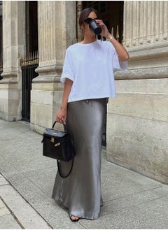 Moovant Silk Satin Skirt for Women, Textured Maxi Skirt, Flared Casual A-Line Long Skirt, Elegant Party Drawstring Dressy Skirts, Grey  - Image 2