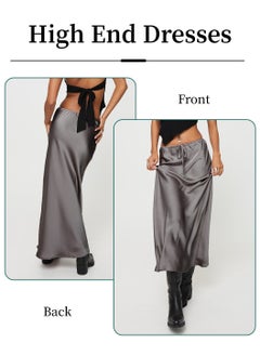Moovant Silk Satin Skirt for Women, Textured Maxi Skirt, Flared Casual A-Line Long Skirt, Elegant Party Drawstring Dressy Skirts, Grey  - Image 4