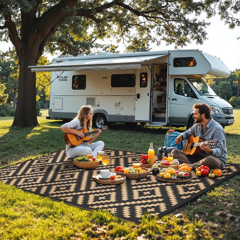 sarben Outdoor Rug for Patio - Waterproof Plastic Straw Camping Rugs 4x6 ft, Reversible Outdoor Indoor RV Mat Carpet for Patio, Porch, Deck, Balcony, Picnic, Beach, Black Brown - Image 5
