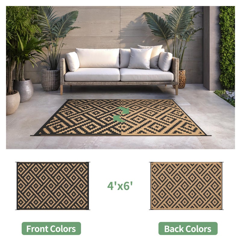 sarben Outdoor Rug for Patio - Waterproof Plastic Straw Camping Rugs 4x6 ft, Reversible Outdoor Indoor RV Mat Carpet for Patio, Porch, Deck, Balcony, Picnic, Beach, Black Brown - Image 2