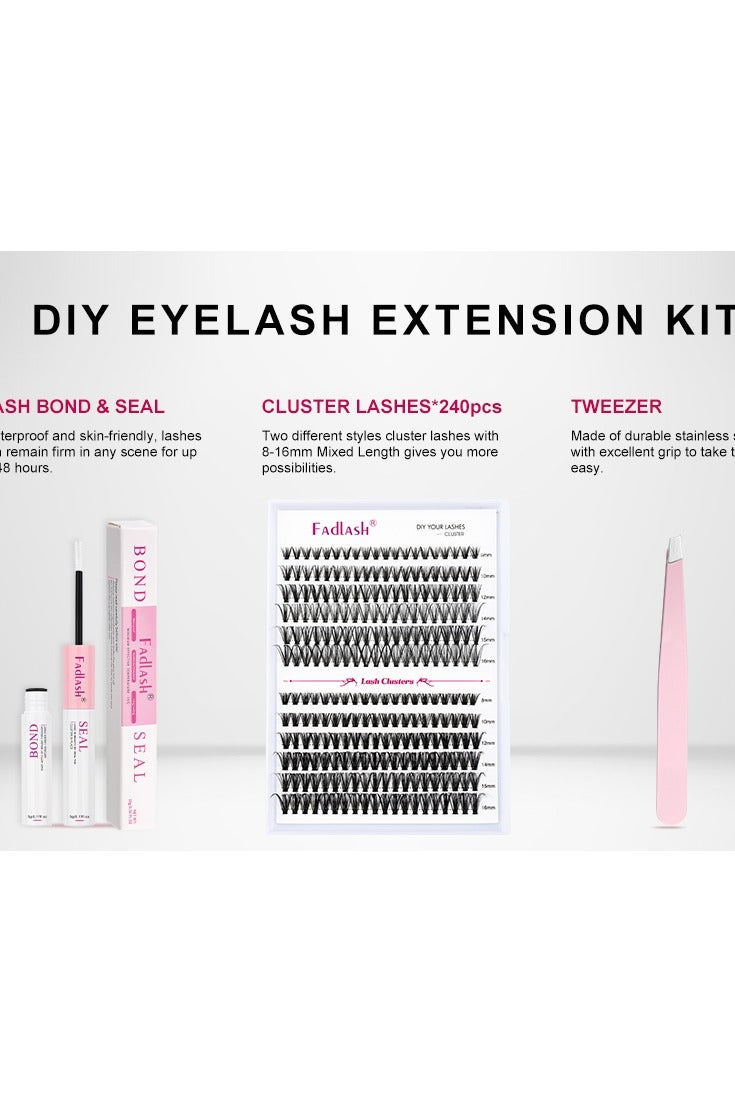 FADLASH DIY Eyelash Extension Kit, Lash Clusters with Lash Bond and Seal, Clusters Eyelash Applicator Tool, D Curl DIY Lash Kit (30D+40D Kit) - Image 1