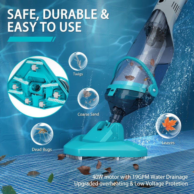 FOTING Handheld Spa Hot Tub Vacuum- Cordless Above Ground Pool Cleaner with 60" Extendable Pole, 60 Mins Running Time, 19 Gallons/Min Powerful Suction, Ideal for Cleaning Debris and Sand Underwater - Image 2