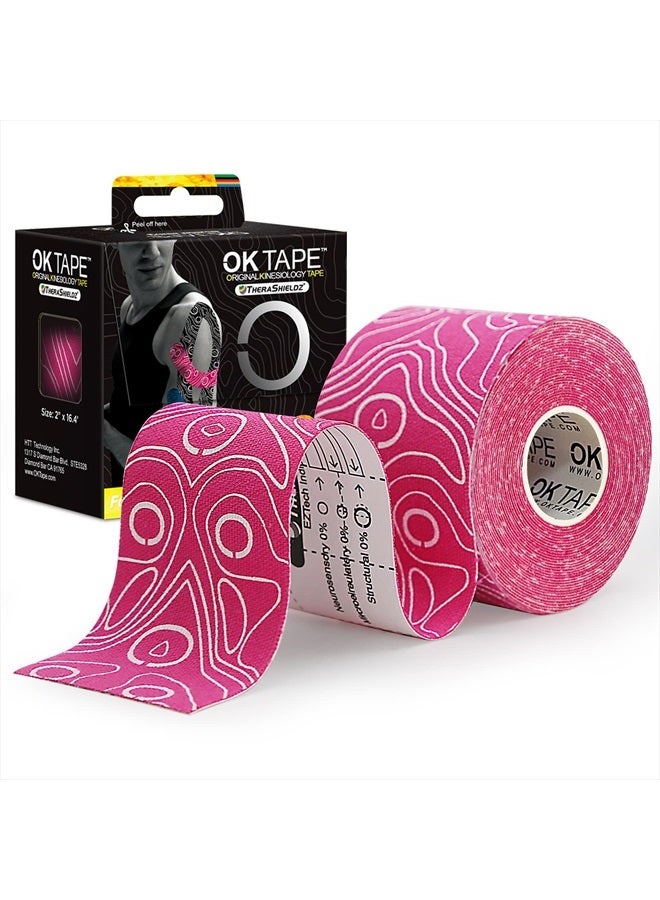 OK TAPE شريط كينيسيو برو، 2 بوصة × لفة طويلة 16 قدم، شريط قابل للقطع، شريط رياضي مرن خالي من اللاتكس، وردي + أبيض - Image 1