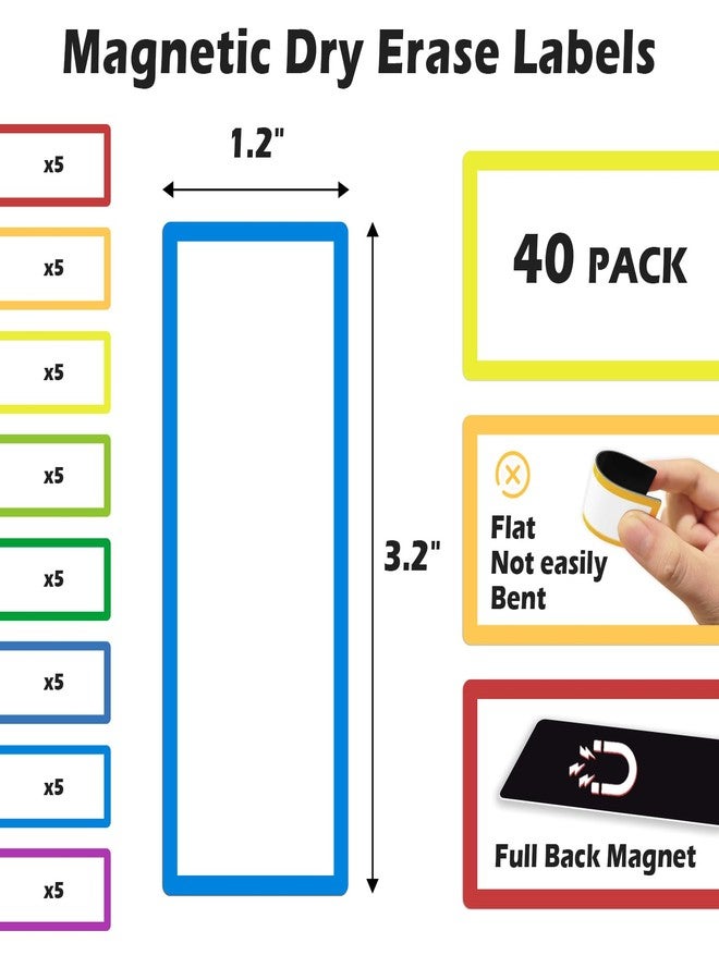 TOTiyea 40 Pack Magnetic Dry Erase Labels, 3.2"x1.2", Magnetic Name Tags for Classroom School Bus Lockers, Reusable Write On Magnets for Whiteboards, Colorful Magnetic Labels - Image 3