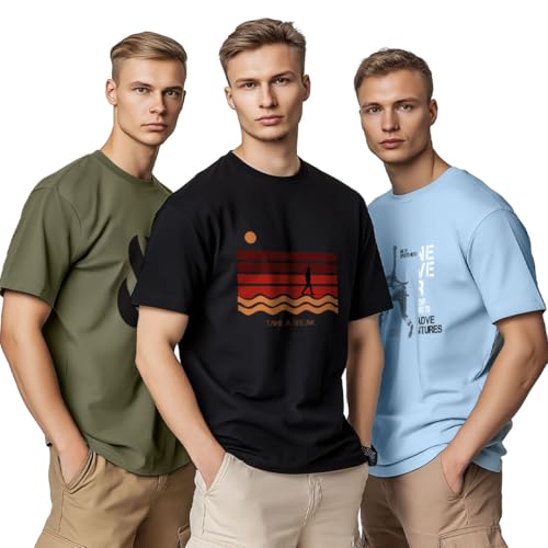 NOBERO Men Cotton Graphic Printed Regular Fit T-Shirt (1M-TWTS-C0948-216X_Olive Green/Black/Powder Blue, 2XL - Image 1