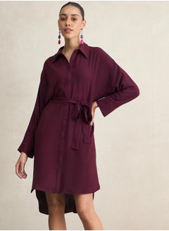 Femmella Solid Shirt Midi Dress with High Low Hem by Styli  - Image 1