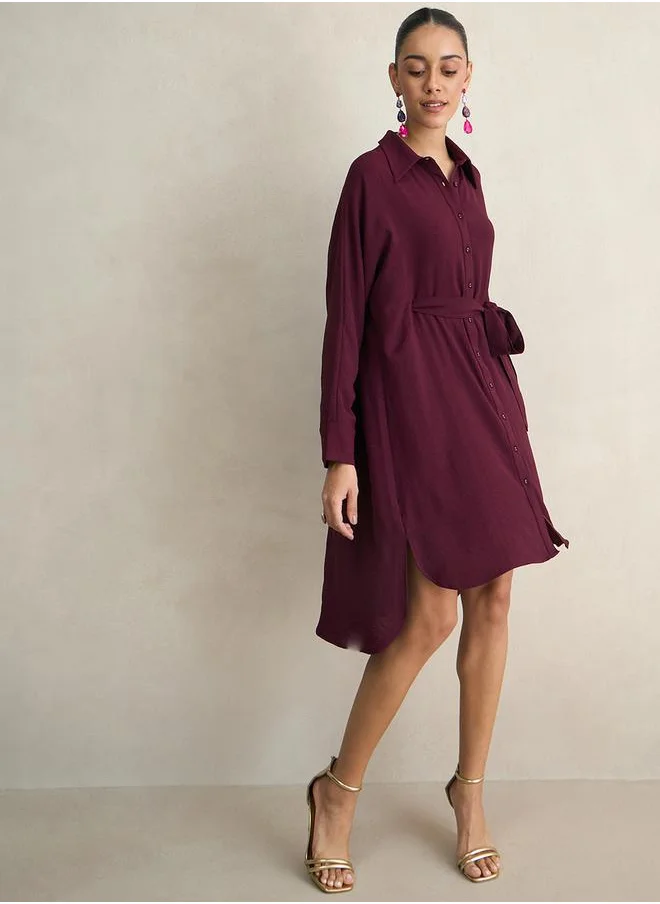 فيميلا Solid Shirt Midi Dress with High Low Hem by Styli