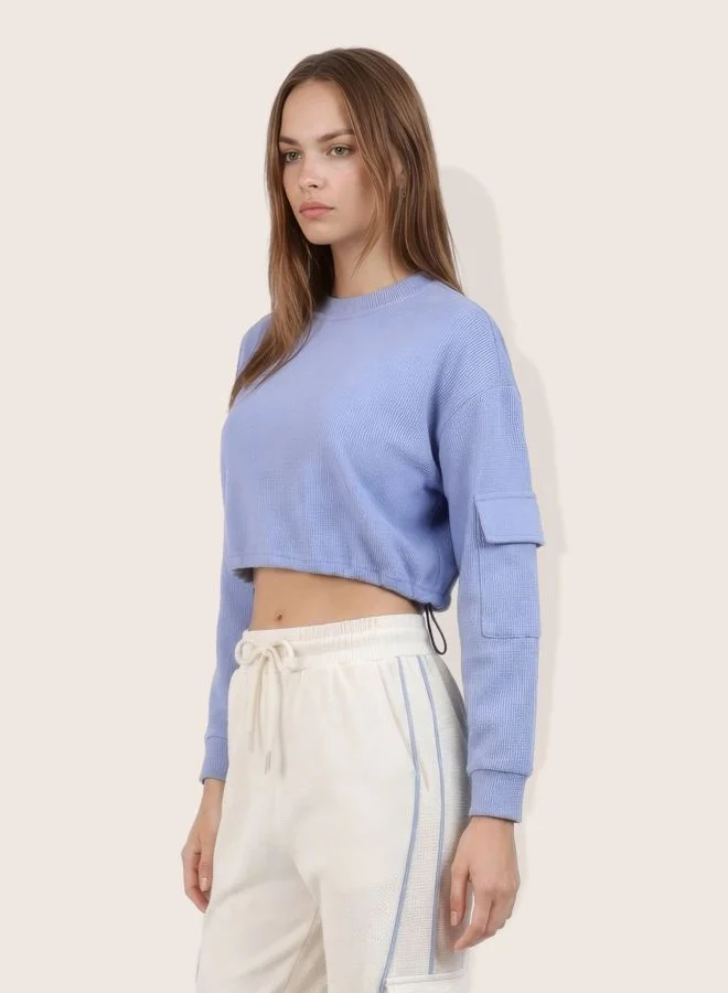 مرفوعة Women Boxy Fit Solid Crew Neck Long Sleeve Cropped Sweatshirt