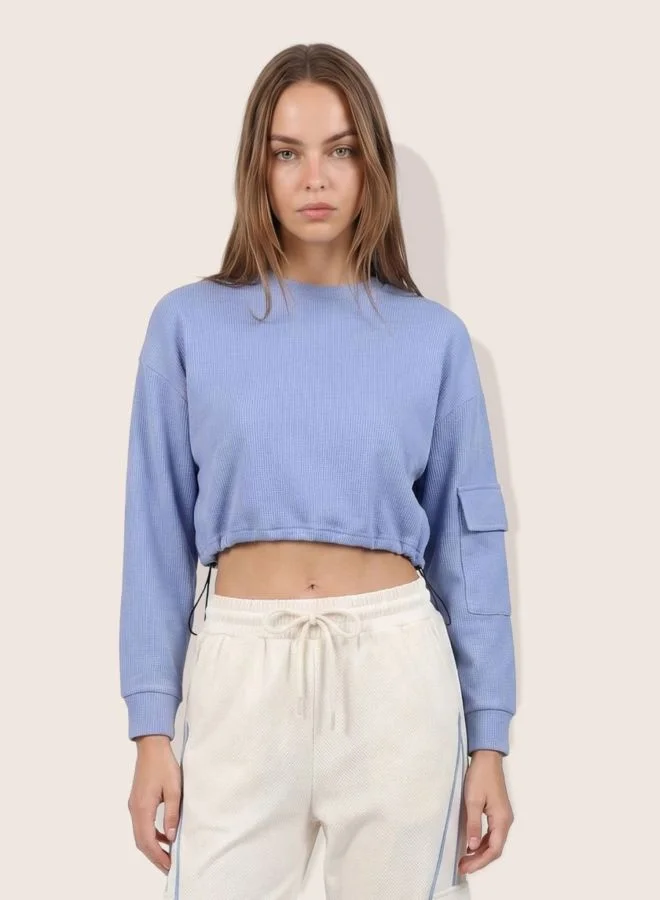 Women Boxy Fit Solid Crew Neck Long Sleeve Cropped Sweatshirt