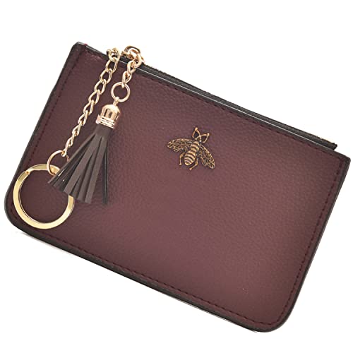 AnnabelZ Coin Purse Change Wallet Pouch Leather Card Holder with Key Chain Tassel Zip(Burgundy) - Image 1