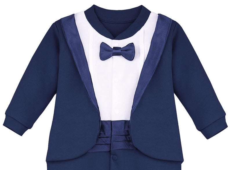 Lilax Baby Boy Gentleman Tuxedo Footie Christmas Holiday Outfit with Bow Tie Newborn Navy - Image 4