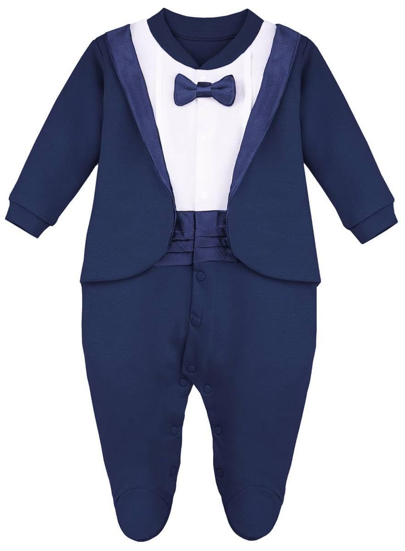 Lilax Baby Boy Gentleman Tuxedo Footie Christmas Holiday Outfit with Bow Tie Newborn Navy - Image 1