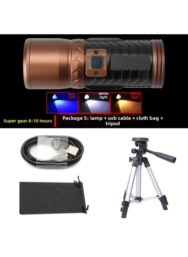 New Strong Flashlight LED High-power Blue Fishing Light USB Mobile Phone Rechargeable Three Light Source Night Fishing Light