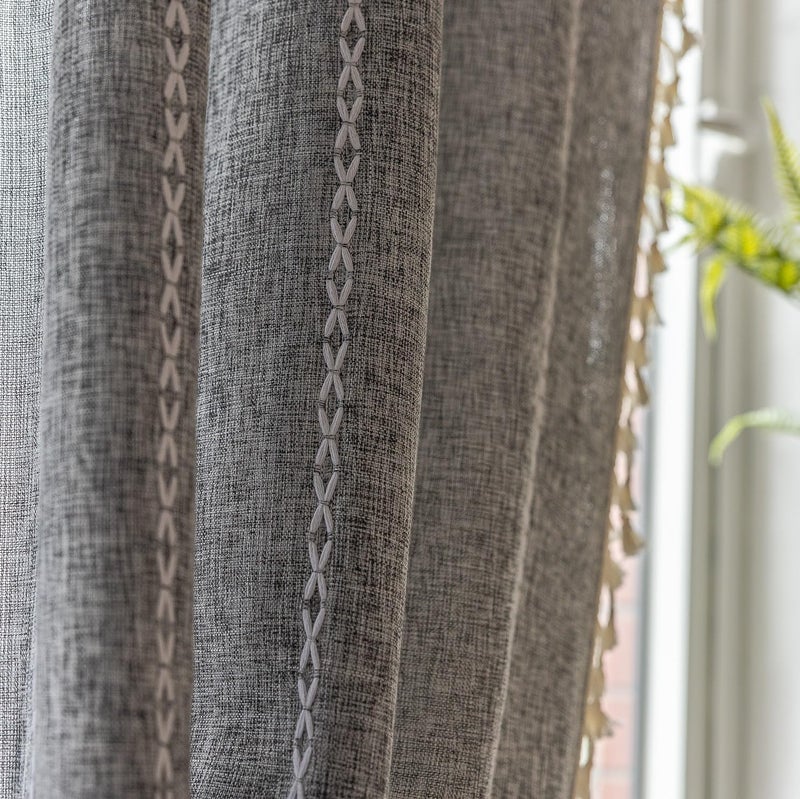 Sutuo Home Boho Curtain for Bedroom Living Room Kitchen, Semi Blackout Linen Farmhouse Shabby Chic Tassels Window Treatment Bohemian Embroidery Drape, Rod Pocket 1 Panel 52" W x 84" L, Black Grey - Image 5