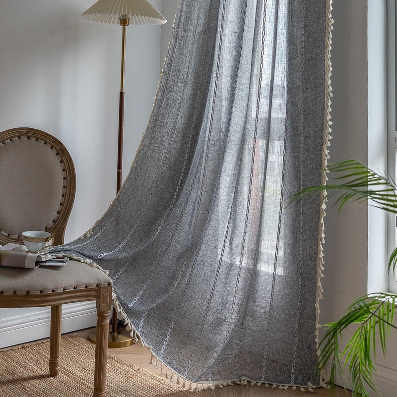 Sutuo Home Boho Curtain for Bedroom Living Room Kitchen, Semi Blackout Linen Farmhouse Shabby Chic Tassels Window Treatment Bohemian Embroidery Drape, Rod Pocket 1 Panel 52" W x 84" L, Black Grey - Image 1