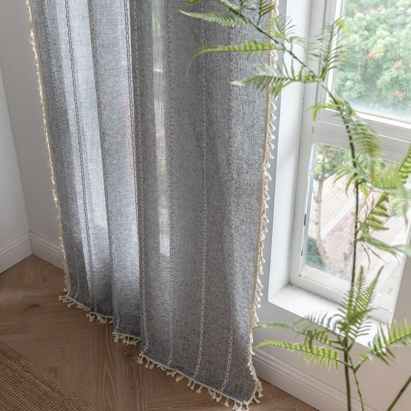 Sutuo Home Boho Curtain for Bedroom Living Room Kitchen, Semi Blackout Linen Farmhouse Shabby Chic Tassels Window Treatment Bohemian Embroidery Drape, Rod Pocket 1 Panel 52" W x 84" L, Black Grey - Image 4