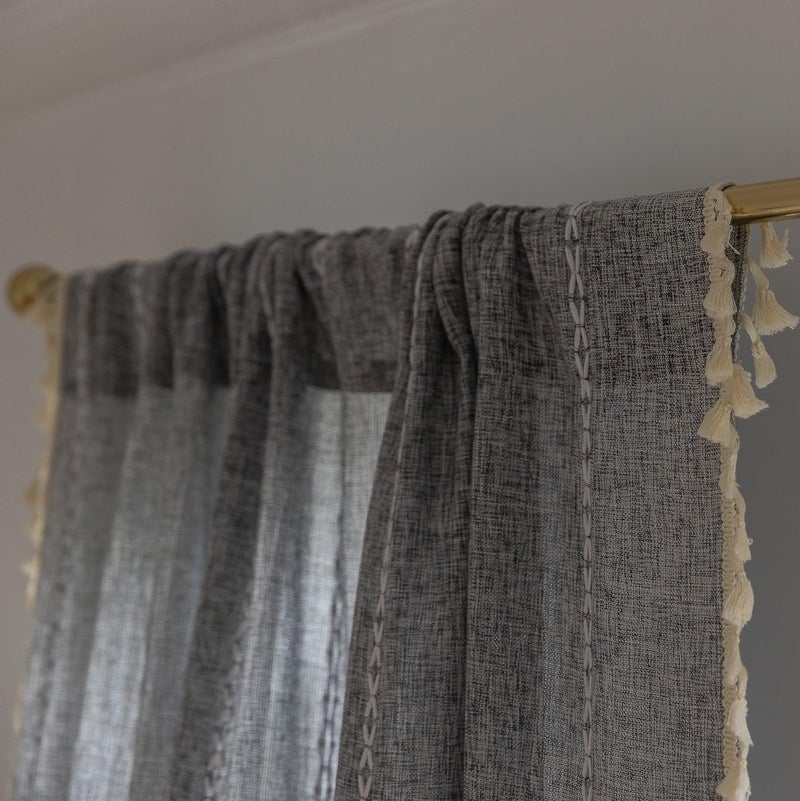 Sutuo Home Boho Curtain for Bedroom Living Room Kitchen, Semi Blackout Linen Farmhouse Shabby Chic Tassels Window Treatment Bohemian Embroidery Drape, Rod Pocket 1 Panel 52" W x 84" L, Black Grey - Image 3