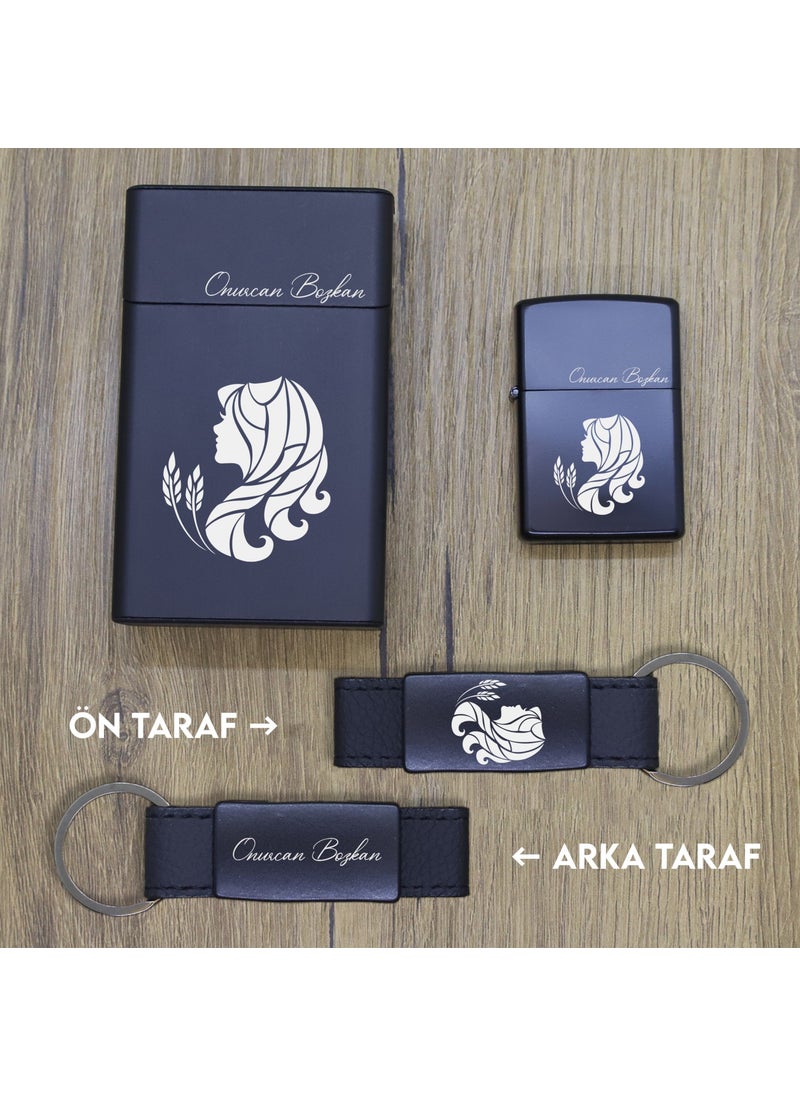 Ada Lazer - Personalized Virgo Metal Cigarette Box, Zippo Lighter and Keychain Set - Image 1