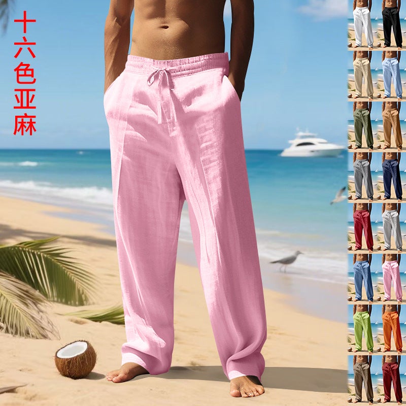 Cross-Border Autumn 16-Color -Style Linen Pants for Men, Simple Home Wear, Beach Sports Men''s Straight-Leg Pants - Image 2