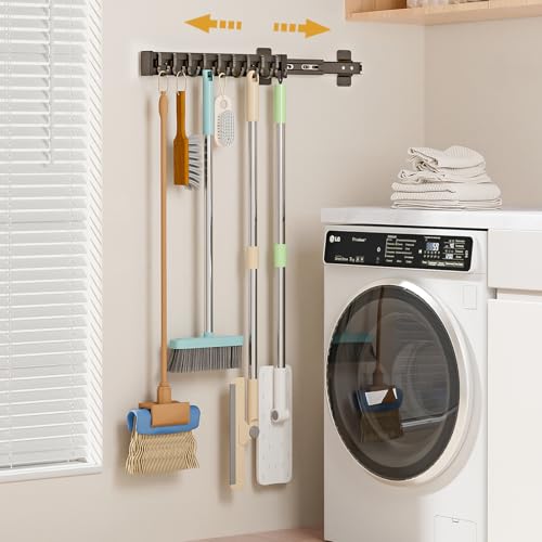 PrimZooty Pull Out Broom Holder With 9 Adjustable Sliding Hook, Multifunctional Slide Broom And Mop Storage/Organizer Garage Organization Hooks, for Closet Laundry - 16.14inch/41cm - Image 1