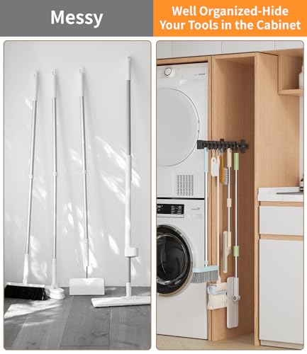PrimZooty Pull Out Broom Holder With 9 Adjustable Sliding Hook, Multifunctional Slide Broom And Mop Storage/Organizer Garage Organization Hooks, for Closet Laundry - 16.14inch/41cm - Image 3