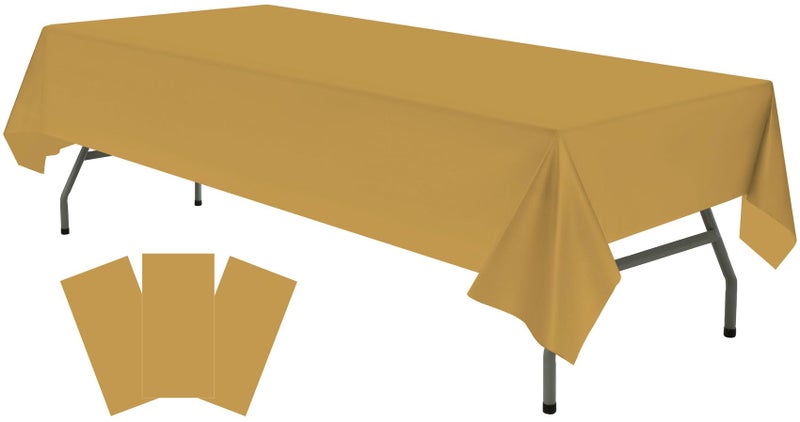 rebdng Plastic Gold Tablecloths 3 Pack Disposable Table Covers 54 x 108 Inch Golden Table Cloths for Fall Parties Harvest Graduations Anniversary Thanksgivings Weddings  Fits 6 to 8 Foot Rectangle Tables - Image 1