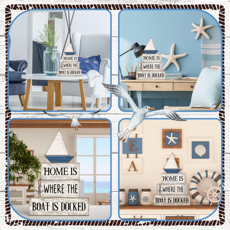 Conelist 4 Pcs Nautical Wooden Table Decor Farmhouse Sailboat Centerpieces Vintage Tiered Tray Decoration Home is Where The Boat is Docked Block Sign for Home Living Room Bedroom Office Decor - Image 5