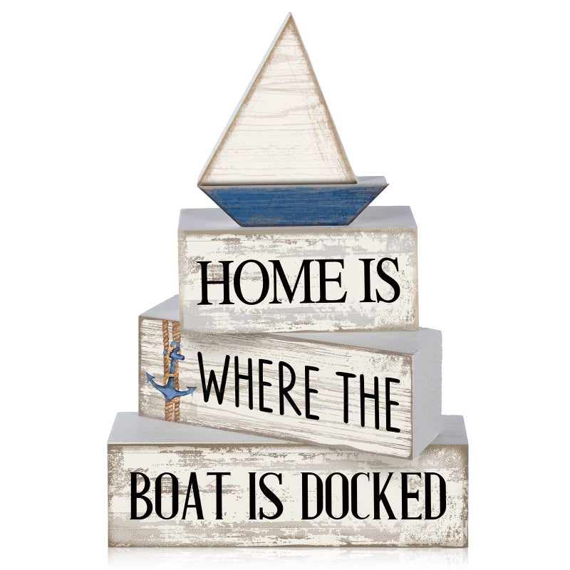 Conelist 4 Pcs Nautical Wooden Table Decor Farmhouse Sailboat Centerpieces Vintage Tiered Tray Decoration Home is Where The Boat is Docked Block Sign for Home Living Room Bedroom Office Decor - Image 1
