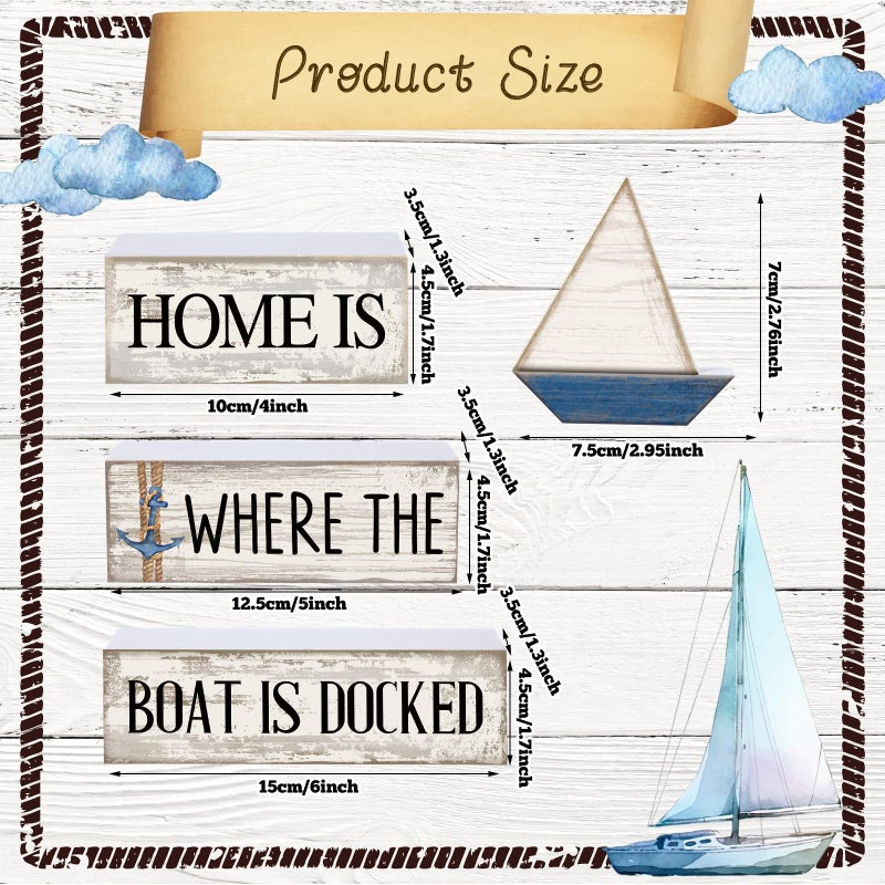 Conelist 4 Pcs Nautical Wooden Table Decor Farmhouse Sailboat Centerpieces Vintage Tiered Tray Decoration Home is Where The Boat is Docked Block Sign for Home Living Room Bedroom Office Decor - Image 2
