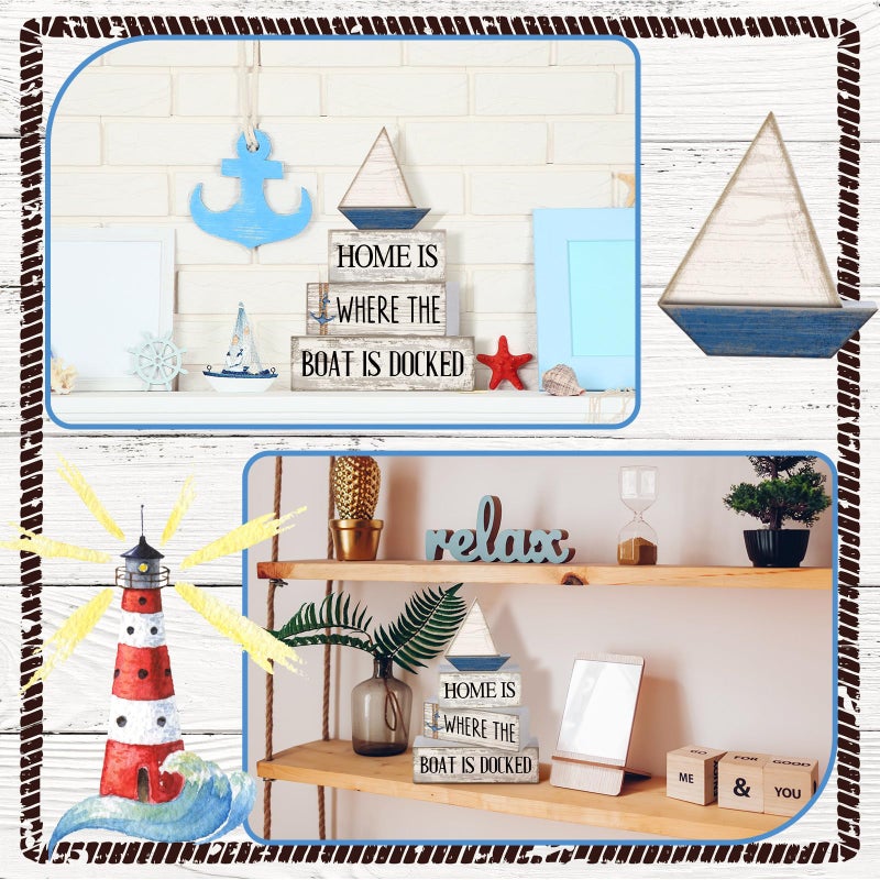Conelist 4 Pcs Nautical Wooden Table Decor Farmhouse Sailboat Centerpieces Vintage Tiered Tray Decoration Home is Where The Boat is Docked Block Sign for Home Living Room Bedroom Office Decor - Image 3
