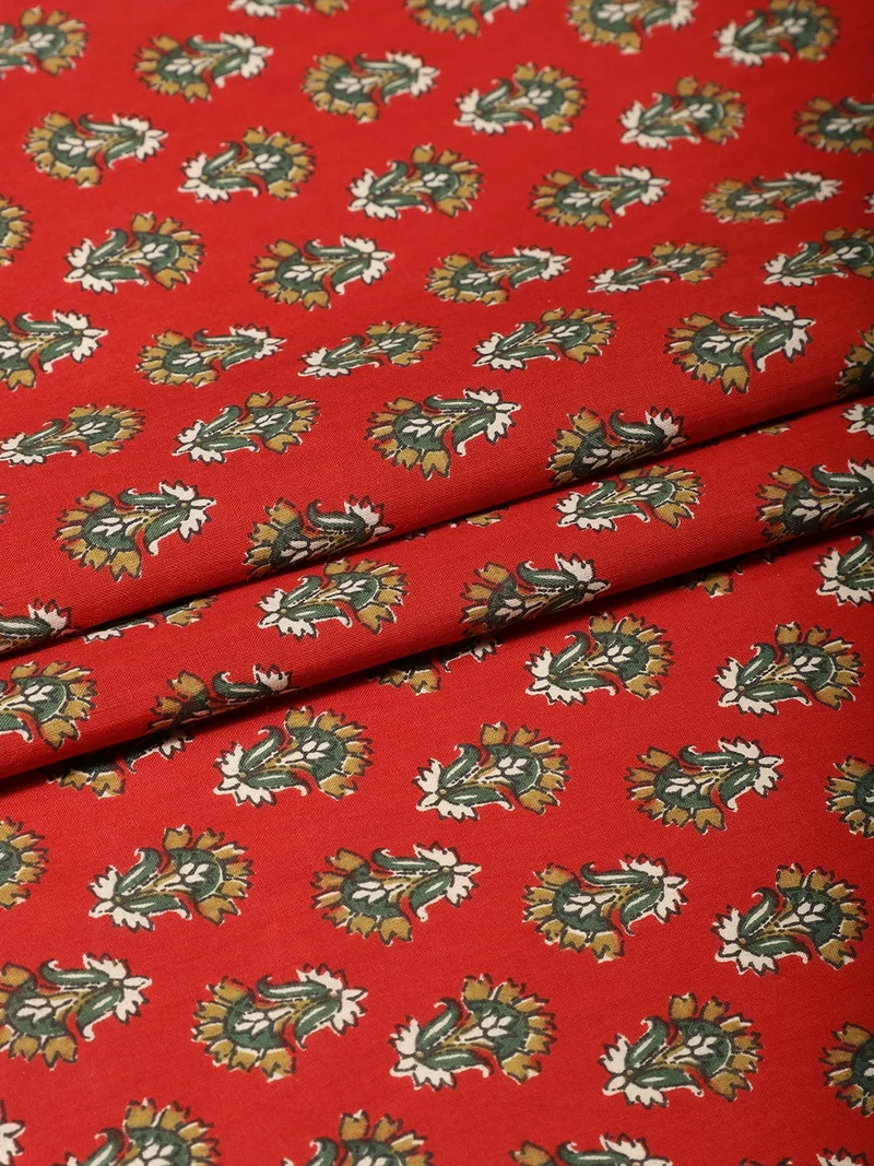أيه كيه إس Crimson Red Floral Buti Print Fabric