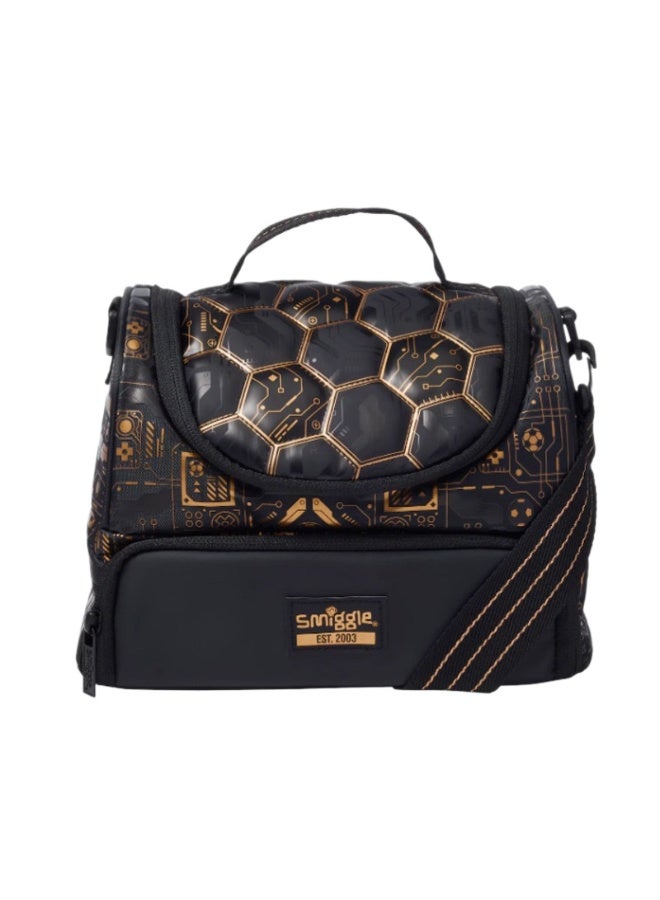 Smiggle Black‑Gold Tech‑style Soccer Double‑deck Insulated Cross‑body Lunch Bag