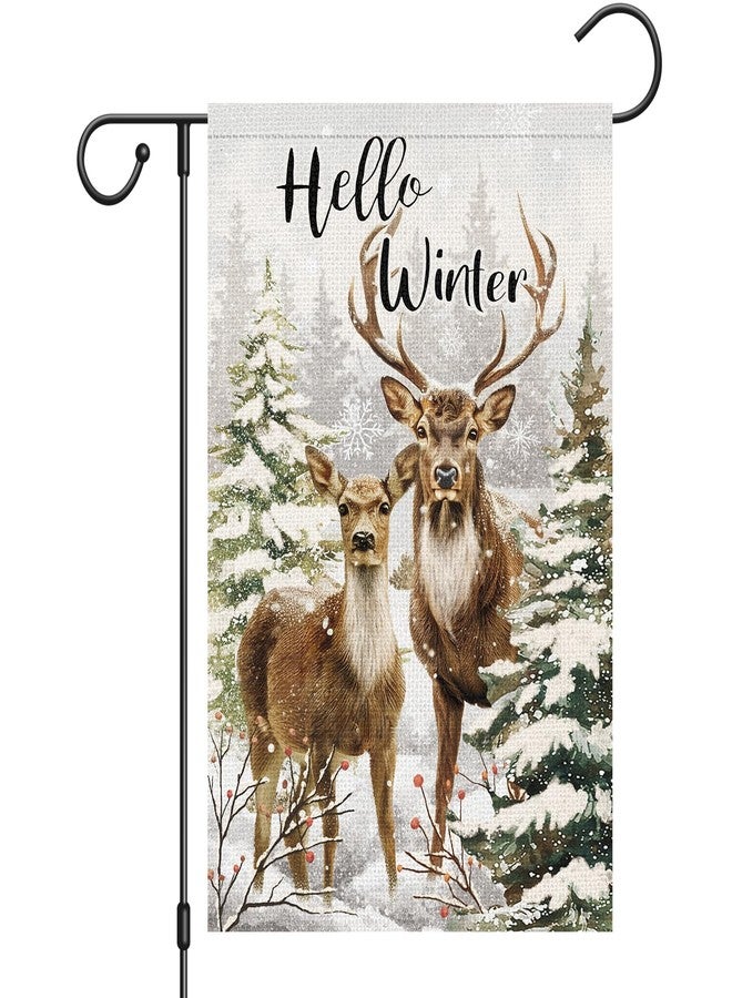 Heyfibro Hello Winter Deer Garden Flag 12x18 Inch Double Sided Burlap, Christmas Snowflake Snow Elk Yard Flags for Seasonal Xmas Outside Outdoor Decoration (ONLY FLAG) - Image 1