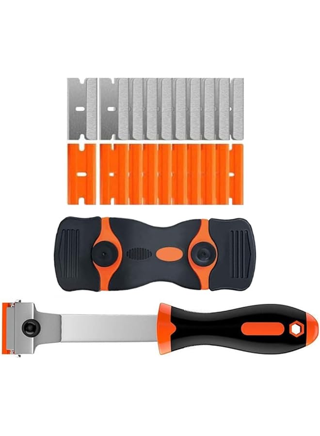 promass Razor Blade Scraper, 2 in 1 Scraper Tool, Long Handle Scraper Tool and Metal & PVC Double Edged Razor Blades, for Registration Sticker, Removing Label, Grease from Windshield, Glass - Image 1