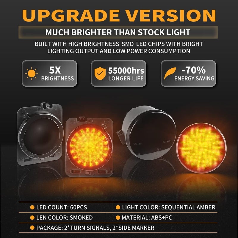 Gempro LED Sequential Turn Signals Side Marker Light Kits for Jeep Wrangler JK & Unlimited 2007-2018, Smoked Lens, 4PCS - Image 3