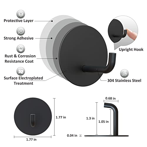 VIS'V Adhesive Hooks, Small Metal Shower Wall Stick on Hooks, Waterproof, 2 Extra Adhesive Strips, Round, Black, 4 Pcs - Image 3