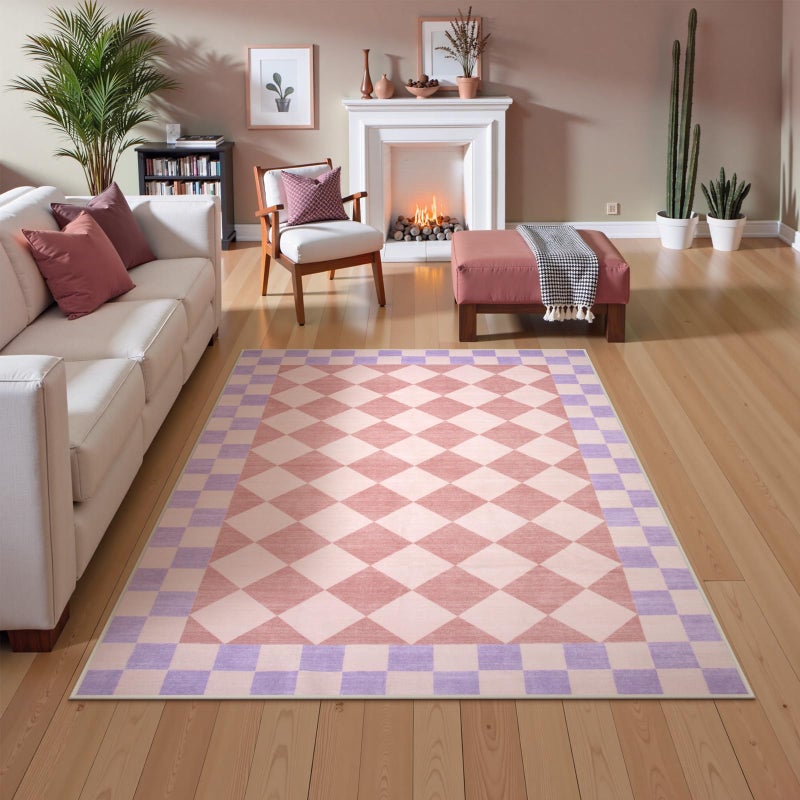 Morebes Checkered 5x7 Pink Rug for Bedroom Girls, Machine Washable Area Rug for Living Room Non Slip, Soft Low-Pile Nursery Carpet for Kids Room Dorm Dining Room (Pink,5'x7') - Image 1