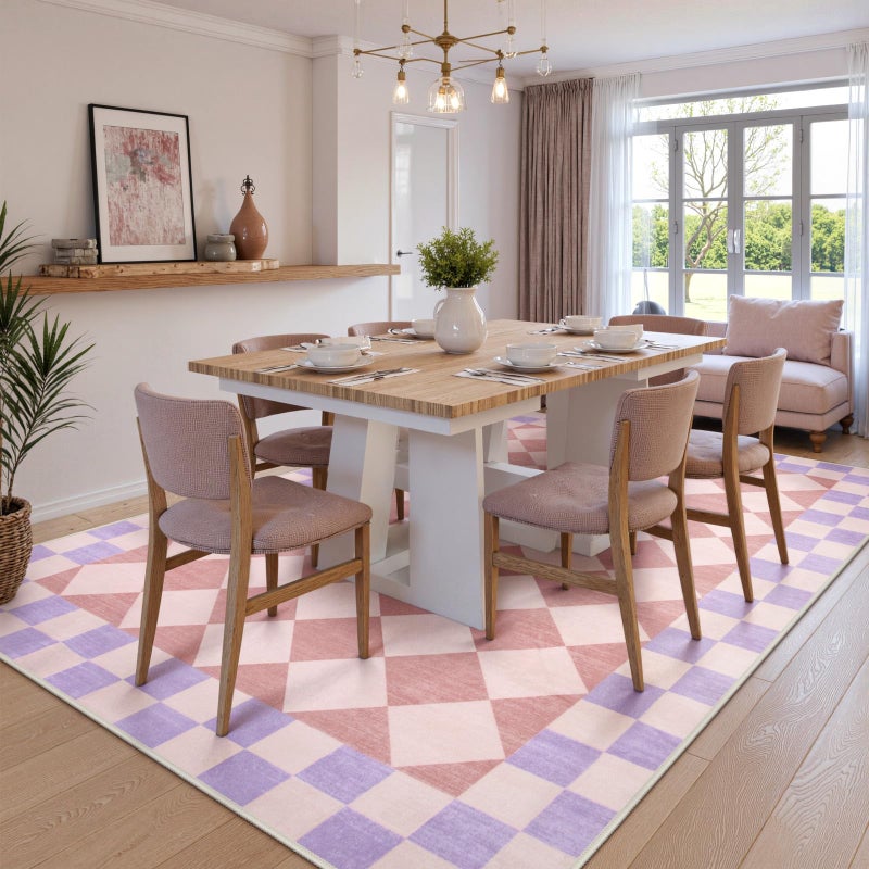 Morebes Checkered 5x7 Pink Rug for Bedroom Girls, Machine Washable Area Rug for Living Room Non Slip, Soft Low-Pile Nursery Carpet for Kids Room Dorm Dining Room (Pink,5'x7') - Image 2