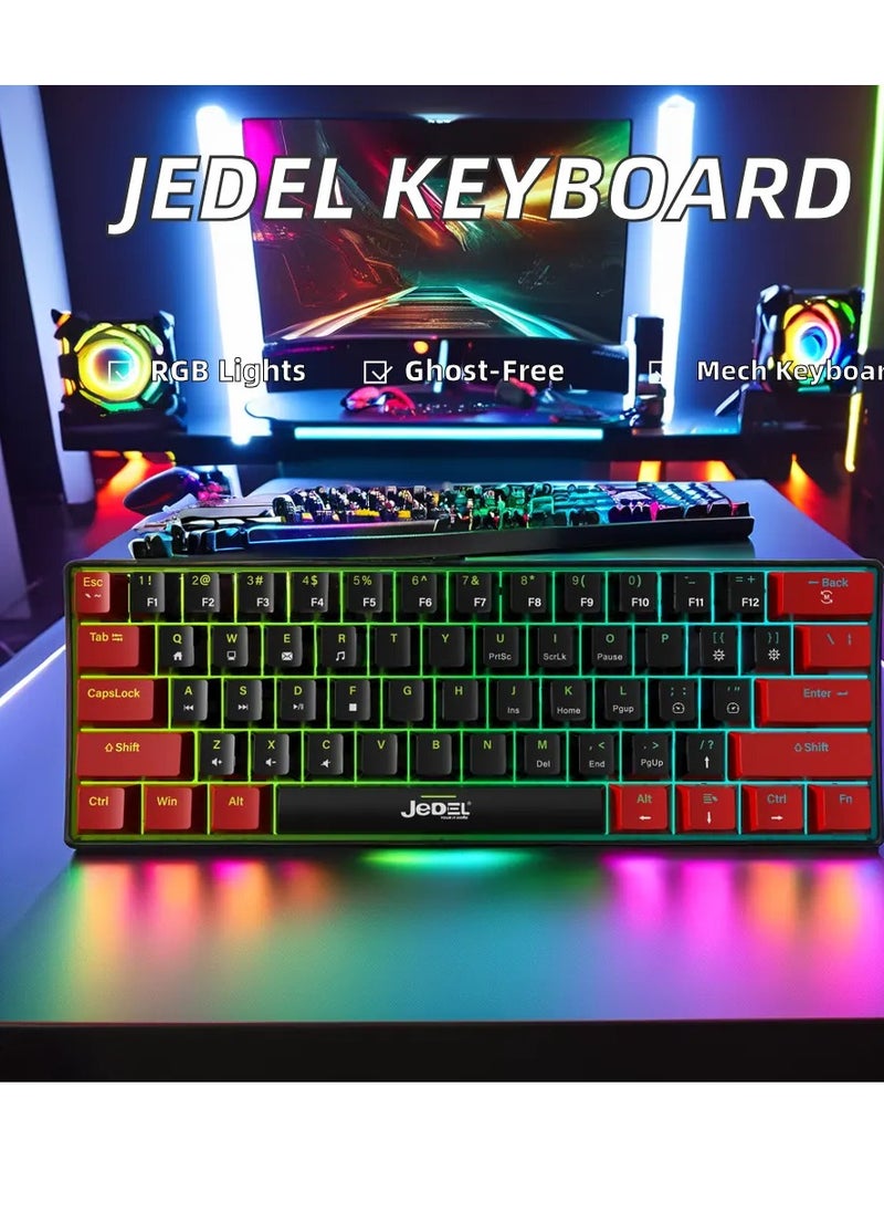JeDEL - KL69 60% Gaming Mechanical Keyboard Compact – Rainbow LED Backlit – 61 Keys Arabic / English Key – Blue Switches –Double injection key caps Illumination – USB Wired | Black / Red - Image 1