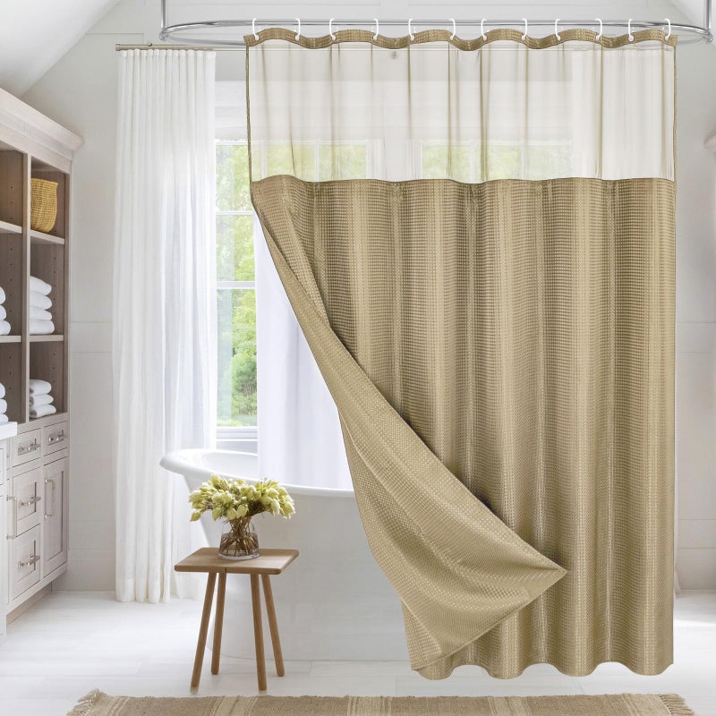 MitoVilla Beige Waffle Shower Curtain with Snap-in Liner  Modern Waffle Weave Fabric Shower Curtain for Luxury Hotel & Spa Bathroom Decor  72 x 72  Beige/Khaki