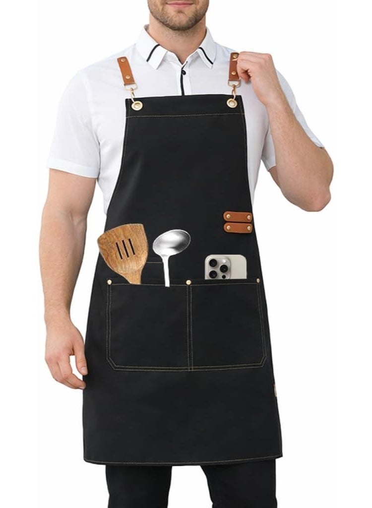 Hugifts Unisex chef's apron – made of thickened waterproof canvas, with a crossover neck-friendly design, 4 pockets, genuine leather drawstring, and adjustable fit; suitable for grilling, coffee shops, and other cooking environments. - Image 1