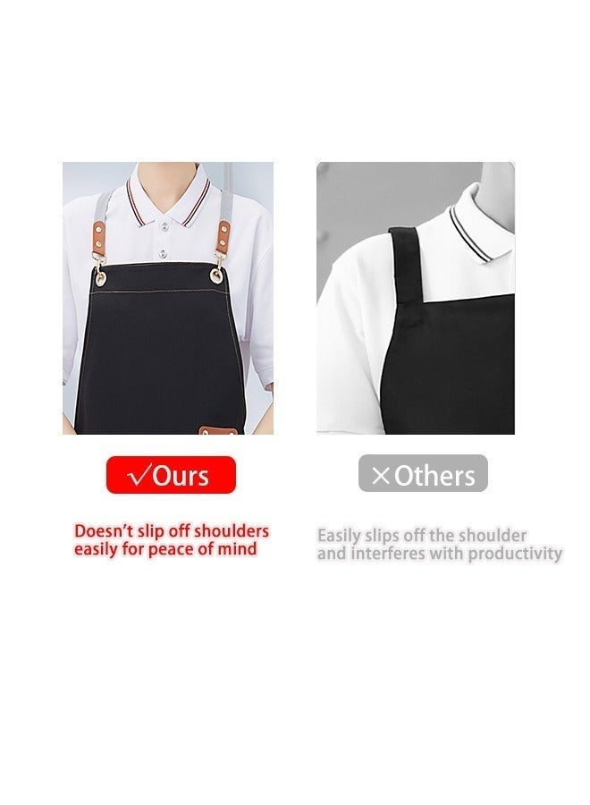 Hugifts Unisex chef's apron – made of thickened waterproof canvas, with a crossover neck-friendly design, 4 pockets, genuine leather drawstring, and adjustable fit; suitable for grilling, coffee shops, and other cooking environments. - Image 5