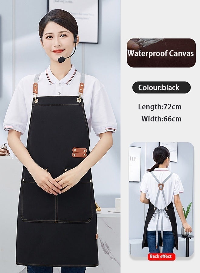 Hugifts Unisex chef's apron – made of thickened waterproof canvas, with a crossover neck-friendly design, 4 pockets, genuine leather drawstring, and adjustable fit; suitable for grilling, coffee shops, and other cooking environments. - Image 4
