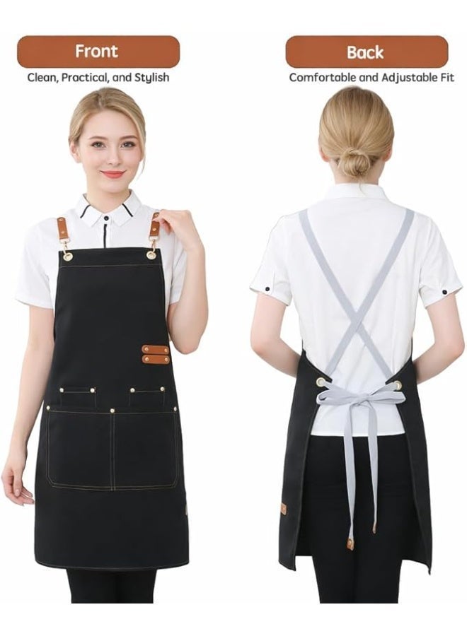Hugifts Unisex chef's apron – made of thickened waterproof canvas, with a crossover neck-friendly design, 4 pockets, genuine leather drawstring, and adjustable fit; suitable for grilling, coffee shops, and other cooking environments. - Image 3