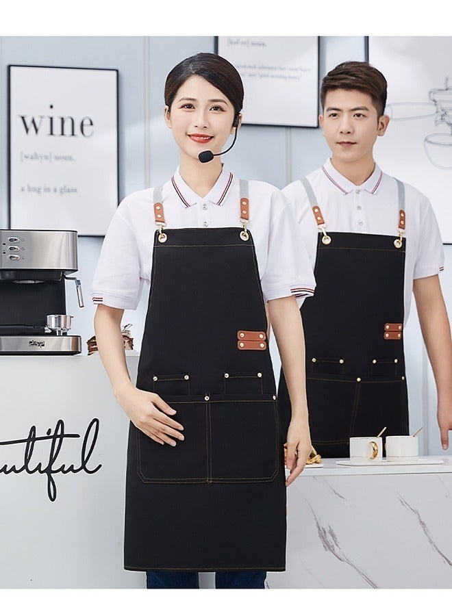 Hugifts Unisex chef's apron – made of thickened waterproof canvas, with a crossover neck-friendly design, 4 pockets, genuine leather drawstring, and adjustable fit; suitable for grilling, coffee shops, and other cooking environments. - Image 2