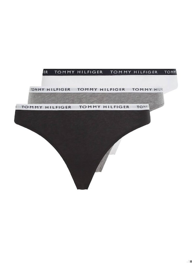 TOMMY HILFIGER Women's 3-Pack Logo Waistband Thongs Underwear Bottoms, Grey/ White/ Black  - Image 1