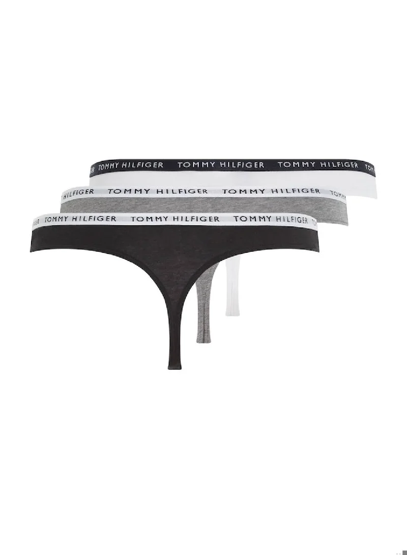 TOMMY HILFIGER Women's 3-Pack Logo Waistband Thongs Underwear Bottoms, Grey/ White/ Black
