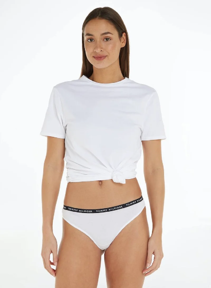 TOMMY HILFIGER Women's 3-Pack Logo Waistband Thongs Underwear Bottoms, Grey/ White/ Black