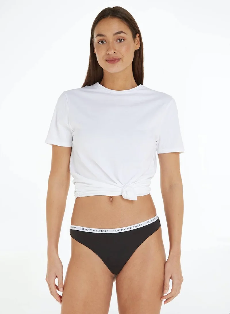 TOMMY HILFIGER Women's 3-Pack Logo Waistband Thongs Underwear Bottoms, Grey/ White/ Black